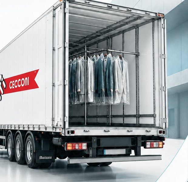 Trailer rigged with rails for hanging garments